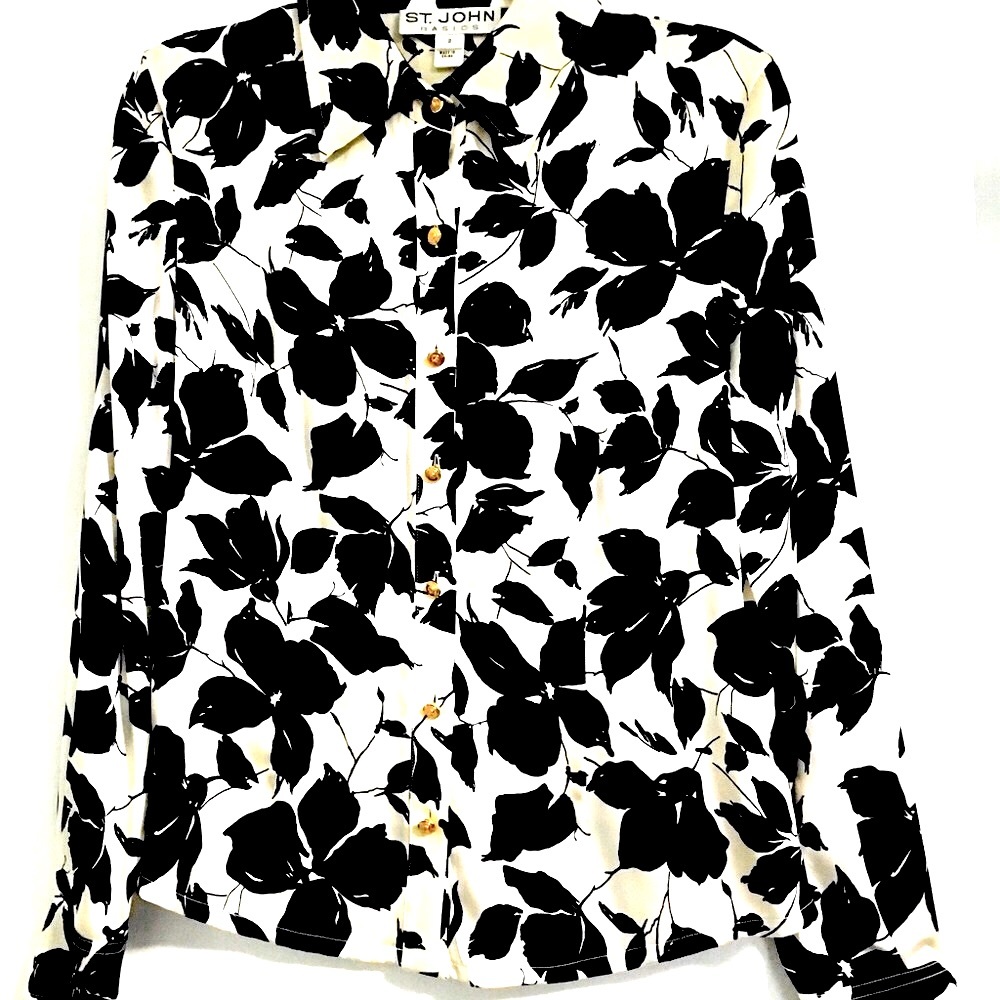 ST JOHN black floral off white silk blouse
